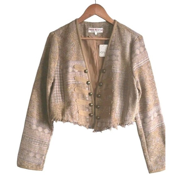 Free People Juliette Cropped Tan Jacket Raw Hem Tapestry Women's Large NWT - Picture 1 of 11